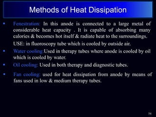  Fenestration: In this anode is connected to a large metal of
considerable heat capacity . It is capable of absorbing many
calories & becomes hot itself & radiate heat to the surroundings.
USE: in fluoroscopy tube which is cooled by outside air.
 Water cooling:Used in therapy tubes where anode is cooled by oil
which is cooled by water.
 Oil cooling: Used in both therapy and diagnostic tubes.
54
Methods of Heat Dissipation
 Fan cooling: used for heat dissipation from anode by means of
fans used in low & medium therapy tubes.
 