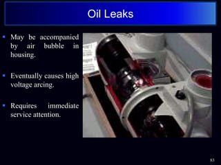  May be accompanied
by air bubble in
housing.
 Eventually causes high
voltage arcing.
 Requires immediate
service attention.
83
Oil Leaks
 
