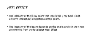 HEEL EFFECT
• The intensity of the x-ray beam that leaves the x-ray tube is not
uniform throughout all portions of the beam.
• The intensity of the beam depends on the angle at which the x rays
are emitted from the focal spot-Heel Effect
 