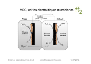 MEC, cel·les electrolítiques microbianes
                                   e-
                                          Ω
                Anode              EANODE < E CATHODE          Cathode

               CxHyOz                             H2O                   H2O



                 Microbial
                 oxidation                      Chemical           Microbial
                                                Reduction          reduction




                                                    O2
                                                                        O2
               CO2 +H+                                  H+




Sistemes bioelectroquímics. UAB.           Albert Guisasola i Canudas          13/07/2012
 