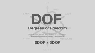 6DOF x 3DOF
DOFDegrees of Freedom
São os “Graus de Liberdade” que uma experiência XR pode oferecer
em termos de movimentação no espaço. é muito comum ler
 