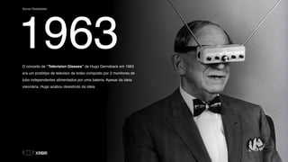 Novas Realidades
O conceito de “Television Glasses” de Hugo Gernsback em 1963
era um protótipo de televisor de bolso composto por 2 monitores de
tubo independentes alimentados por uma bateria. Apesar da ideia
visionária, Hugo acabou desistindo da idéia.
1963
 