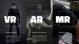 VR AR MR
realidade virtual
experiência imersiva que simula um
outro ambiente através de video e
audio com o objetivo de deslocar o
usuário fazendo ele acreditar que
esta em outro lugar.
realidade aumentada
experiência não imersiva adiciona
contexto a objetos reais dando ao
usuário mais informações sobre o
mesmo. Elas podem ser visuais ou
auditivas.
realidade mista
experiência imersiva que simula um
outro ambiente através de video,
audio e objetos reais que co-existem
tanto no ambiente real como no
virtual.
 