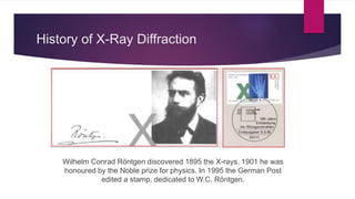 History of X-Ray Diffraction
Wilhelm Conrad Röntgen discovered 1895 the X-rays. 1901 he was
honoured by the Noble prize for physics. In 1995 the German Post
edited a stamp, dedicated to W.C. Röntgen.
 