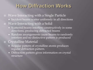  Wave Interacting with a Single Particle
 Incident beams scatter uniformly in all directions
 Wave Interacting with a Solid
 Scattered beams interfere constructively in some
directions, producing diffracted beams
 Random arrangements cause beams to randomly
interfere and no distinctive pattern is produced
 Crystalline Material
 Regular pattern of crystalline atoms produces
regular diffraction pattern.
 Diffraction pattern gives information on crystal
structure
 