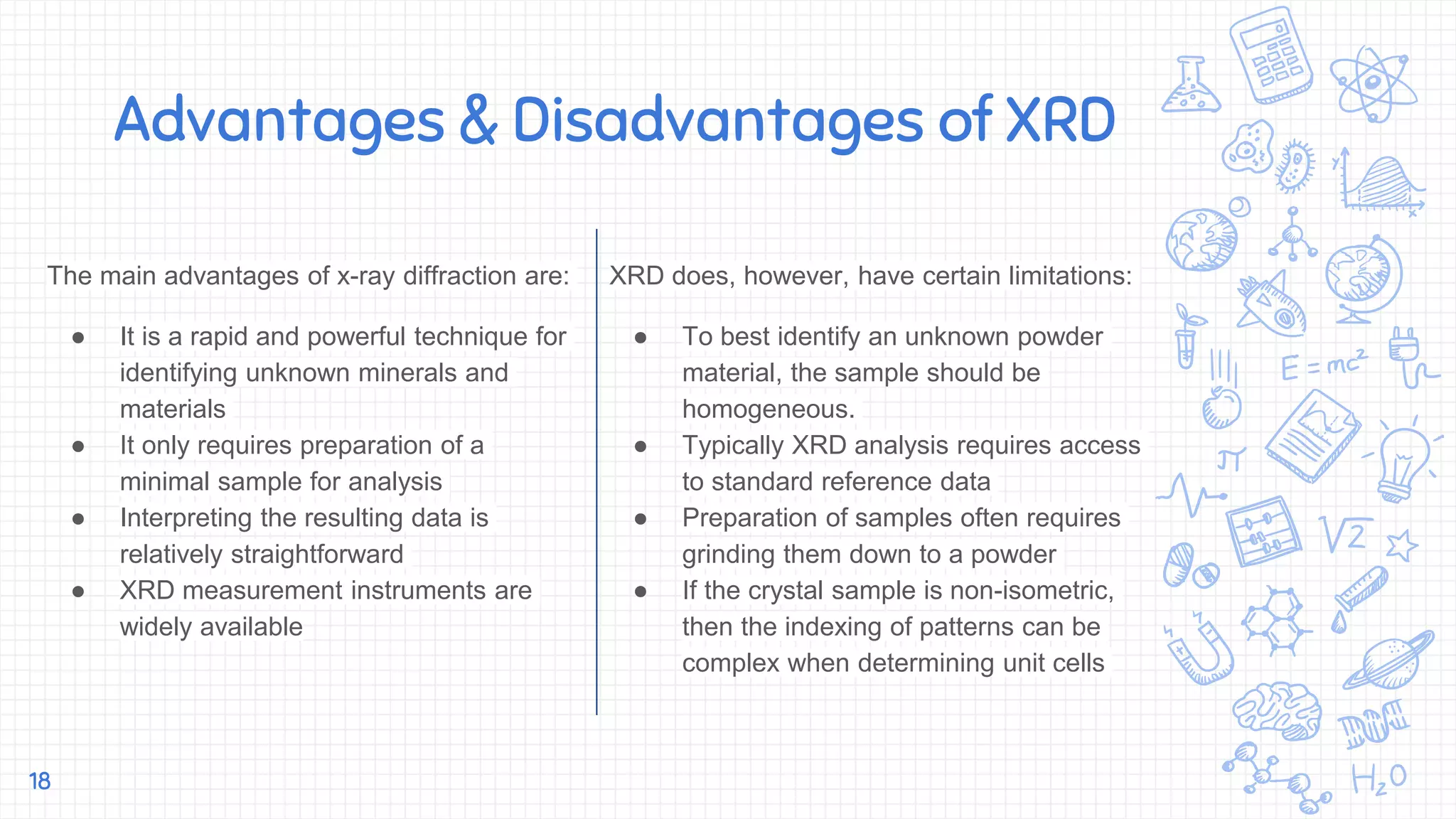 Advantages & Disadvantages of XRD
The main advantages of x-ray diffraction are:
● It is a rapid and powerful technique for
identifying unknown minerals and
materials
● It only requires preparation of a
minimal sample for analysis
● Interpreting the resulting data is
relatively straightforward
● XRD measurement instruments are
widely available
XRD does, however, have certain limitations:
● To best identify an unknown powder
material, the sample should be
homogeneous.
● Typically XRD analysis requires access
to standard reference data
● Preparation of samples often requires
grinding them down to a powder
● If the crystal sample is non-isometric,
then the indexing of patterns can be
complex when determining unit cells
18
 
