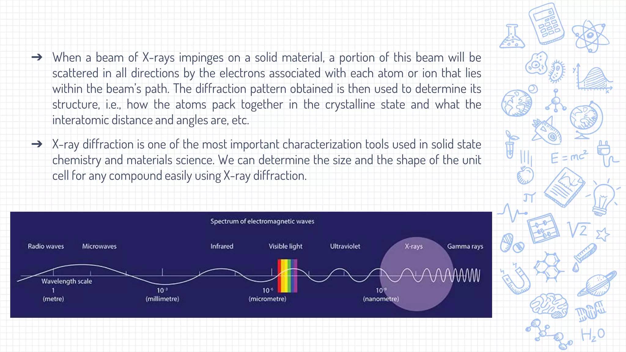 ➔ When a beam of X-rays impinges on a solid material, a portion of this beam will be
scattered in all directions by the electrons associated with each atom or ion that lies
within the beam’s path. The diffraction pattern obtained is then used to determine its
structure, i.e., how the atoms pack together in the crystalline state and what the
interatomic distance and angles are, etc.
➔ X-ray diffraction is one of the most important characterization tools used in solid state
chemistry and materials science. We can determine the size and the shape of the unit
cell for any compound easily using X-ray diffraction.
 