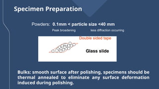 Specimen Preparation
Powders: 0.1mm < particle size <40 mm
Peak broadening less diffraction occurring
Bulks: smooth surface after polishing, specimens should be
thermal annealed to eliminate any surface deformation
induced during polishing.
 