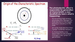  The photoelectric effect is
responsible for generation
of characteristic x-rays.
Qualitatively here’s what is
happening:
 An incoming high-energy
photoelectron disloges a k-
shell electron in the target,
leaving a vacancy in the
shell
 An outer shell electron then
“jumps” to fill the vacancy
 A characteristic x-ray
(equivalent to the energy
change in the “jump”) is
generated
 