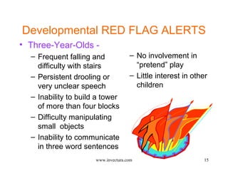 Developmental RED FLAG ALERTS 
• Three-Year-Olds - 
15 
– Frequent falling and 
difficulty with stairs 
– Persistent drooling or 
very unclear speech 
– Inability to build a tower 
of more than four blocks 
– Difficulty manipulating 
small objects 
– Inability to communicate 
in three word sentences 
– No involvement in 
“pretend” play 
– Little interest in other 
children 
www.invectura.com 
 