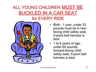22 
ALL YOUNG CHILDREN MUST BE 
BUCKLED IN A CAR SEAT 
for EVERY RIDE 
• Birth - 1 year, under 22 
pounds must be in rear-facing 
child safety seat, 
5-point belt harness is 
best 
• 1 to 6 years of age, 
under 60 pounds, 
forward-facing child 
safety seat, 5-point belt 
harness is best 
www.invectura.com 
 