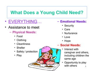 3 
What Does a Young Child Need? 
• EVERYTHING… 
• Assistance to meet 
– Physical Needs: 
• Food 
• Clothing 
• Cleanliness 
• Shelter 
• Safety / protection 
• Play 
– Emotional Needs: 
• Security 
• Care 
• Nurturance 
• Love 
• Hope 
– Social Needs: 
• Interact with 
caregiver and others, 
including children the 
same age 
• Opportunity to play 
www.invectura.com with others 
 