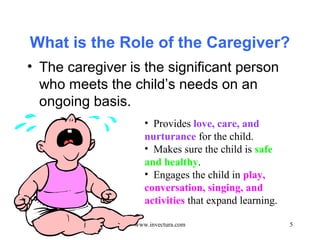 What is the Role of the Caregiver? 
• The caregiver is the significant person 
who meets the child’s needs on an 
ongoing basis. 
5 
• Provides love, care, and 
nurturance for the child. 
• Makes sure the child is safe 
and healthy. 
• Engages the child in play, 
conversation, singing, and 
activities that expand learning. 
www.invectura.com 
 