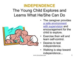 8 
INDEPENDENCE 
The Young Child Explores and 
Learns What He/She Can Do 
• The caregiver provides 
a safe environment 
with supervision and 
encouragement for the 
child to explore. 
• Exercise their will and 
learn self-control. 
• Desires to test 
independence. 
• Walking is step toward 
independence... 
www.invectura.com 
 