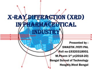 X-Ray Diffraction (XRD)
IN PHARMACEUTICAL
Industry
Presented by :
SWASTIK JYOTI PAL
Roll no-19320318001
M.Pharm 1st yr(2018-20)
Bengal School of Technology
Hooghly,West Bengal1
 