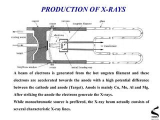 PRODUCTION OF X-RAYS
A beam of electrons is generated from the hot ungsten filament and these
electrons are accelerated towards the anode with a high potential difference
between the cathode and anode (Target). Anode is mainly Cu, Mo, Al and Mg.
After striking the anode the electrons generate the X-rays.
While monochromatic source is preffered, the X-ray beam actually consists of
several characteristic X-ray lines.
 