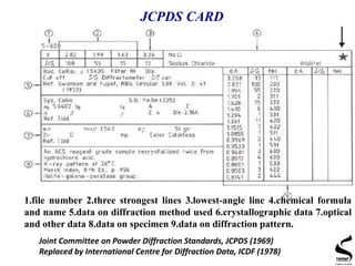 JCPDS CARD
1.file number 2.three strongest lines 3.lowest-angle line 4.chemical formula
and name 5.data on diffraction method used 6.crystallographic data 7.optical
and other data 8.data on specimen 9.data on diffraction pattern.
Joint Committee on Powder Diffraction Standards, JCPDS (1969)
Replaced by International Centre for Diffraction Data, ICDF (1978)
 
