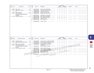 PROIBIDA A REPRODUÇÃO E DISTRIBUIÇÃO
1015451 - FARIA MOTOS LTDA. - LUIZ ALFREDO
LINHARES
© Moto Honda da Amazônia Ltda.
Todos os direitos reservados.
99
06.12.11
2
L.O.N. Service Item F.R.T.
Ref.
Nº
N.O.M.O. Artículo de servicio THLL
Nºde
Ref.
Voltar
Back
Volver
Nº de
Ref.
Ref.
Nº
Nº de pieza Descripción Nº de série Nota
Cant. Reqd
XRE300 XRE300A
A B C A B C
Part. Nº Description Serial Nº Note
Reqd. Qty.
XRE300 XRE300A
A B C A B C
1 14401-KPF-903 Chain, Cam (126l) (DAIDO) .................... 1 1 1 1 1 1 ................ ................ .......................................
2 14500-KVK-900 Tensioner Assy., Cam Chain .................. 1 1 1 1 1 1 ................ ................ .......................................
3 14520-KRM-874 Lifter Assy., Tensioner ........................... 1 1 1 1 1 1 ................ ................ .......................................
4 14560-KCW-851 Gasket, Tensioner Lifter ........................ 1 1 1 1 1 1 ................ ................ .......................................
5 14620-KPF-901 Guide Comp. A, Cam Chain .................... 1 1 1 1 1 1 ................ ................ .......................................
6 14630-KPF-901 Guide Comp. B, Cam Chain .................... 1 1 1 1 1 1 ................ ................ .......................................
7 90004-GHR-630 Bolt, Flange, 6x16 (NSHF) ..................... 1 1 1 1 1 1 ................ ................ .......................................
8 90004-GHR-660 Bolt, Flange, 6x22 (NSHF) ..................... 2 2 2 2 2 2 ................ ................ .......................................
9 90005-KY7-000 Screw, Pan, 6x6 ..................................... 1 1 1 1 1 1 ................ ................ .......................................
10 90032-GHR-660 Bolt, Flange, 6x16 .................................. 1 1 1 1 1 1 ................ ................ .......................................
11 91306-KRM-840 O-Ring, 1.5x9.5 ...................................... 1 1 1 1 1 1 ................ ................ .......................................
1 110140 Chain, Cam ....................................... 2.1
2 111130 Tensioner, Cam Chain ....................... 2.0
3 (4)
111133 Lifter, Tensioner ................................ 0.4
5 111139 Guide, Cam Chain ............................. 4.5
• Includes: Engine Removal and
Installation
6 1111G9 Guide B, Cam Chain ......................... 0.6
1 14401-KPF-903 Cadena de Levas (126 Elos) (DAIDO) ... 1 1 1 1 1 1 ................ ................ .......................................
2 14500-KVK-900 Ens.Tensionador, Cadena de Levas ...... 1 1 1 1 1 1 ................ ................ .......................................
3 14520-KRM-874 Ens. Accionador, Tensionador ................ 1 1 1 1 1 1 ................ ................ .......................................
4 14560-KCW-851 Empaquetadura, Accionador
Tensionador ............................................ 1 1 1 1 1 1 ................ ................ .......................................
5 14620-KPF-901 Guía A, Cadena de Levas ..................... 1 1 1 1 1 1 ................ ................ .......................................
6 14630-KPF-901 Guía B, Cadena de Levas ..................... 1 1 1 1 1 1 ................ ................ .......................................
7 90004-GHR-630 Perno, Reborde, 6x16(NSHF) ................. 1 1 1 1 1 1 ................ ................ .......................................
8 90004-GHR-660 Perno, Reborde, 6x22 (NSHF) ................ 2 2 2 2 2 2 ................ ................ .......................................
9 90005-KY7-000 Tornillo, Phillips, 6x6 .............................. 1 1 1 1 1 1 ................ ................ .......................................
10 90032-GHR-660 Perno, Reborde, 6x16 ............................ 1 1 1 1 1 1 ................ ................ .......................................
11 91306-KRM-840 Anillo Tórico, 1,5x9,5 ............................. 1 1 1 1 1 1 ................ ................ .......................................
1 110140 Cadena de Levas .............................. 2,1
2 111130 Tensionador, Cadena de Levas ........ 2,0
3 (4)
111133 Accionador,Tensionador .................. 0,4
5 111139 Guía, Cadena de Levas .................... 4,5
• Incluye: Remoción e instalación
del motor
6 1111G9 Guía B, Cadena de Levas ................ 0,6
 