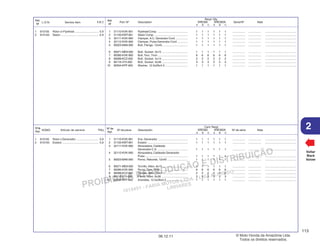PROIBIDA A REPRODUÇÃO E DISTRIBUIÇÃO
1015451 - FARIA MOTOS LTDA. - LUIZ ALFREDO
LINHARES
© Moto Honda da Amazônia Ltda.
Todos os direitos reservados.
113
06.12.11
2
L.O.N. Service Item F.R.T.
Ref.
Nº
N.O.M.O. Artículo de servicio THLL
Nºde
Ref.
Voltar
Back
Volver
Nº de
Ref.
Ref.
Nº
Nº de pieza Descripción Nº de série Nota
Cant. Reqd
XRE300 XRE300A
A B C A B C
Part. Nº Description Serial Nº Note
Reqd. Qty.
XRE300 XRE300A
A B C A B C
1 31110-KVK-901 Flywheel Comp. ...................................... 1 1 1 1 1 1 ................ ................ .......................................
2 31120-KWT-901 Stator Comp. .......................................... 1 1 1 1 1 1 ................ ................ .......................................
3 32111-KVK-900 Clamper, A.C. Generator Cord ................ 1 1 1 1 1 1 ................ ................ .......................................
4 32112-KVK-900 Clamper, Pulse Generator Cord ............. 1 1 1 1 1 1 ................ ................ .......................................
5 90023-MA6-000 Bolt, Flange, 12x45 ................................ 1 1 1 1 1 1 ................ ................ .......................................
6 90071-ME9-000 Bolt, Socket, 6x15 ................................. 1 1 1 1 1 1 ................ ................ .......................................
7 90085-KVK-900 Bolt, Torx, 7mm ...................................... 6 6 6 6 6 6 ................ ................ .......................................
8 90089-KCZ-000 Bolt, Socket, 5x14 ................................. 2 2 2 2 2 2 ................ ................ .......................................
9 90116-375-000 Bolt, Socket, 6x38 ................................. 3 3 3 3 3 3 ................ ................ .......................................
10 90504-KPF-900 Washer, 12.5x26x4.3 ............................. 1 1 1 1 1 1 ................ ................ .......................................
1 613105 Rotor or Flywheel .............................. 0.9
2 6131A3 Stator ................................................ 0.9
1 31110-KVK-901 Ens. Generador ...................................... 1 1 1 1 1 1 ................ ................ .......................................
2 31120-KWT-901 Estator ................................................... 1 1 1 1 1 1 ................ ................ .......................................
3 32111-KVK-900 Abrazadera, Cableado
Generador C.A. ...................................... 1 1 1 1 1 1 ................ ................ .......................................
4 32112-KVK-900 Abrazadera, Cableado Generador
Pulso ...................................................... 1 1 1 1 1 1 ................ ................ .......................................
5 90023-MA6-000 Perno, Reborde, 12x45 .......................... 1 1 1 1 1 1 ................ ................ .......................................
6 90071-ME9-000 Tornillo, Allen, 6x15 ................................ 1 1 1 1 1 1 ................ ................ .......................................
7 90085-KVK-900 Perno, Torx, 7mm ................................... 6 6 6 6 6 6 ................ ................ .......................................
8 90089-KCZ-000 Tornillo, Allen, 5x14 ................................ 2 2 2 2 2 2 ................ ................ .......................................
9 90116-375-000 Perno, Allen, 6x38 ................................. 3 3 3 3 3 3 ................ ................ .......................................
10 90504-KPF-900 Arandela, 12,5x26x4,3 ........................... 1 1 1 1 1 1 ................ ................ .......................................
1 613105 Rotor o Generador ............................ 0,9
2 6131A3 Estator .............................................. 0,9
 