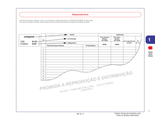 PROIBIDA A REPRODUÇÃO E DISTRIBUIÇÃO
1015451 - FARIA MOTOS LTDA. - LUIZ ALFREDO
LINHARES
© Moto Honda da Amazônia Ltda.
Todos os direitos reservados.
7
06.12.11
1
Voltar
Back
Volver
Etiqueta de Cores
• Ao solicitar as peças, verifique o nome, a cor principal e o código observando a “ETIQUETA DE CORES” na motocicleta.
• Ao solicitar as peças coloridas, utilize a Tabela de Cores conforme instruções de utilização do Catálogo de Peças.
VFR800FIW
COR R-157
CÓDIGO R157
Cor Principal
Código de Cor
Nome das Peças Coloridas Nº Peça Básico
NH295 NH359
1
2
3
4
5
6
7
8
9
10
11
12
13
VFR800FIW
Nº
Modelo
Prata Sparking
Metálico
NH-295M
Preto Mute
Metálico
NH-359M
Nº de identificação
do Bloco
Nº
de ref.
 