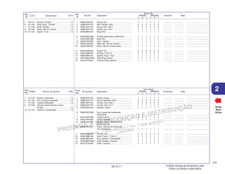 PROIBIDA A REPRODUÇÃO E DISTRIBUIÇÃO
1015451 - FARIA MOTOS LTDA. - LUIZ ALFREDO
LINHARES
© Moto Honda da Amazônia Ltda.
Todos os direitos reservados.
131
06.12.11
2
L.O.N. Service Item F.R.T.
Ref.
Nº
N.O.M.O. Artículo de servicio THLL
Nºde
Ref.
Voltar
Back
Volver
Nº de
Ref.
Ref.
Nº
Nº de pieza Descripción Nº de série Nota
Cant. Reqd
XRE300 XRE300A
A B C A B C
Part. Nº Description Serial Nº Note
Reqd. Qty.
XRE300 XRE300A
A B C A B C
1 16060-KVK-901 Sensor Set ............................................. 1 1 1 1 1 1 ................ ................ .......................................
2 16080-KPH-701 Bolt, Flange, 5x20 .................................. 2 2 2 2 2 2 ................ ................ .......................................
3 16081-KPH-701 Screw, Torx, 5x8.7 ................................. 2 2 2 2 2 2 ................ ................ .......................................
4 16082-KPH-701 Screw, Torx, 5x17 .................................. 1 1 1 1 1 1 ................ ................ .......................................
5 16169-MFE-641 Stay, Wire .............................................. 1 1 1 1 1 1 ................ ................ .......................................
6 16400-KWT-902 Throttle Body Assy. (GQ3JA B) ............. 1 1 1 1 1 1 ................ ................ .......................................
7 16410-KWT-902 Body Set ................................................ 1 1 1 1 1 1 ................ ................ .......................................
8 16422-HP5-602 Joint, Injector ......................................... 1 1 1 1 1 1 ................ ................ .......................................
9 16430-KVK-901 Valve Set, Idle Air Control ...................... 1 1 1 1 1 1 ................ ................ .......................................
10 16432-HP5-601 Plate, Idle Air Control Valve ................... 1 1 1 1 1 1 ................ ................ .......................................
11 16433-HN8-A61 Screw, Torx ............................................ 2 2 2 2 2 2 ................ ................ .......................................
12 16435-HN8-A61 O-Ring, 17.8x1.9 .................................... 1 1 1 1 1 1 ................ ................ .......................................
13 16450-MFE-641 Injector Assy., Fuel ................................ 1 1 1 1 1 1 ................ ................ .......................................
14 16472-MCW-000 Seal Ring, Injector ................................. 1 1 1 1 1 1 ................ ................ .......................................
15 16473-P7A-004 Cushion Ring, Injector ............................ 1 1 1 1 1 1 ................ ................ .......................................
1 617115 Sensor, Throttle ................................ 1.3
6 311132 Body Assy., Throttle ......................... 1.2
7 311130 Body, Throttle ................................... 1.3
9 3111N5 Valve, Idle Air Control ....................... 1.3
13 311145 Injector, Fuel .................................... 1.3
1 16060-KVK-901 Sensor Juego ......................................... 1 1 1 1 1 1 ................ ................ .......................................
2 16080-KPH-701 Perno, Reborde, 5x20 ............................ 2 2 2 2 2 2 ................ ................ .......................................
3 16081-KPH-701 Tornillo, Torx, 5x8,7 ................................ 2 2 2 2 2 2 ................ ................ .......................................
4 16082-KPH-701 Tornillo, Torx, 5x17 ................................. 1 1 1 1 1 1 ................ ................ .......................................
5 16169-MFE-641 Soporte, Cable ....................................... 1 1 1 1 1 1 ................ ................ .......................................
6 16400-KWT-902 Ens. Cuerpo del Acelerador
(GQ3JA B) ............................................. 1 1 1 1 1 1 ................ ................ .......................................
7 16410-KWT-902 Juego Cuerpo ......................................... 1 1 1 1 1 1 ................ ................ .......................................
8 16422-HP5-602 Unión, Inyector ...................................... 1 1 1 1 1 1 ................ ................ .......................................
9 16430-KVK-901 Válvula Juego, Intermedia de
Control de Aire ....................................... 1 1 1 1 1 1 ................ ................ .......................................
10 16432-HP5-601 Placa, Válvula de Control de
Aire del Ralentí ...................................... 1 1 1 1 1 1 ................ ................ .......................................
11 16433-HN8-A61 Tornillo,Torx ........................................... 2 2 2 2 2 2 ................ ................ .......................................
12 16435-HN8-A61 Anillo Tórico, 17,8x1,9 ........................... 1 1 1 1 1 1 ................ ................ .......................................
13 16450-MFE-641 Ens. Inyector, Combustible .................... 1 1 1 1 1 1 ................ ................ .......................................
14 16472-MCW-000 Anillo Sellado, Inyector .......................... 1 1 1 1 1 1 ................ ................ .......................................
15 16473-P7A-004 Anillo, Inyector ....................................... 1 1 1 1 1 1 ................ ................ .......................................
1 617115 Sensor, Acelerador ........................... 1,3
6 311132 Ens. Cuerpo, Acelerador ................... 1,2
7 311130 Cuerpo, Acelerador ........................... 1,3
9 3111N5 Válvula, Intermedia de Control
de Aire .............................................. 1,3
13 311145 Inyector, Combustible ....................... 1,3
 