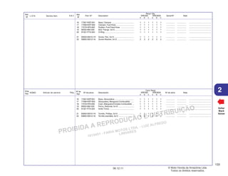 PROIBIDA A REPRODUÇÃO E DISTRIBUIÇÃO
1015451 - FARIA MOTOS LTDA. - LUIZ ALFREDO
LINHARES
© Moto Honda da Amazônia Ltda.
Todos os direitos reservados.
133
06.12.11
2
L.O.N. Service Item F.R.T.
Ref.
Nº
N.O.M.O. Artículo de servicio THLL
Nºde
Ref.
Voltar
Back
Volver
Nº de
Ref.
Ref.
Nº
Nº de pieza Descripción Nº de série Nota
Cant. Reqd
XRE300 XRE300A
A B C A B C
Part. Nº Description Serial Nº Note
Reqd. Qty.
XRE300 XRE300A
A B C A B C
16 17567-KWT-901 Base, Clamper ....................................... 1 1 1 1 1 1 ................ ................ .......................................
17 17568-KWT-900 Clamper, Fuel Hose ................................ 1 1 1 1 1 1 ................ ................ .......................................
18 17579-HP5-600 Rubber, Fuel Feed Hose ........................ 1 1 1 1 1 1 ................ ................ .......................................
19 90002-892-000 Bolt, Flange, 5x10 .................................. 1 1 1 1 1 1 ................ ................ .......................................
20 91301-P7A-004 O-Ring .................................................... 1 1 1 1 1 1 ................ ................ .......................................
21 93500-05010-1H Screw, Pan, 5x10 ................................... 1 1 1 1 1 1 ................ ................ .......................................
22 93892-05012-18 Screw-Washer, 5x12 .............................. 2 2 2 2 2 2 ................ ................ .......................................
16 17567-KWT-901 Base, Abrazadera .................................. 1 1 1 1 1 1 ................ ................ .......................................
17 17568-KWT-900 Abrazadera, Manguera Combustible ...... 1 1 1 1 1 1 ................ ................ .......................................
18 17579-HP5-600 Cojín, Manguera Entrada Combustible ... 1 1 1 1 1 1 ................ ................ .......................................
19 90002-892-000 Perno, Reborde, 5x10 ............................ 1 1 1 1 1 1 ................ ................ .......................................
20 91301-P7A-004 Anillo Tórico ........................................... 1 1 1 1 1 1 ................ ................ .......................................
21 93500-05010-1H Tornillo, Phillips, 5x10 ............................ 1 1 1 1 1 1 ................ ................ .......................................
22 93892-05012-18 Tornillo-arandela, 5x12 ........................... 2 2 2 2 2 2 ................ ................ .......................................
 