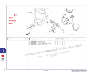 PROIBIDA A REPRODUÇÃO E DISTRIBUIÇÃO
1015451 - FARIA MOTOS LTDA. - LUIZ ALFREDO
LINHARES
© Moto Honda da Amazônia Ltda.
Todos os direitos reservados.
136
06.12.11
3
N.O.S. Item de serviço T.M.O.
Ref.
Nº
Voltar
Back
Volver
Nº da peça Descrição Nº de série Tipo
Ref.
Nº
Qtd.
XRE300 XRE300A
A B C A B C
21 90208-GHR-620 Porca, Flange, 5mm ............................... 1 1 1 1 1 1 ................ ................ .......................................
22 90233-GHR-C30 Arruela, Lisa, 5mm ................................. 1 1 1 1 1 1 ................ ................ .......................................
23 90522-028-000 Arruela, Fixação Carcaça Corrente ........ 1 1 1 1 1 1 ................ ................ .......................................
24 93500-05060-0G Parafuso, Phillips, 5x60 ......................... 1 1 1 1 1 1 ................ ................ .......................................
Farol
Headlight
Faro
C-1
 
