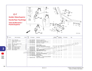 PROIBIDA A REPRODUÇÃO E DISTRIBUIÇÃO
1015451 - FARIA MOTOS LTDA. - LUIZ ALFREDO
LINHARES
© Moto Honda da Amazônia Ltda.
Todos os direitos reservados.
156
06.12.11
3
N.O.S. Item de serviço T.M.O.
Ref.
Nº
Voltar
Back
Volver
Nº da peça Descrição Nº de série Tipo
Ref.
Nº
Qtd.
XRE300 XRE300A
A B C A B C
Guidão • Mesa Superior
Handle Pipe •Top Bridge
Tubo de Manubrio •
Puente Superior
C-7
1 35011-KWT-900 Obturador, Jogo Chave .......................... 1 1 1 1 1 1 ................ ................ .......................................
3 35010-KWT-901 Chaves & Parafusos, Jogo .................... 1 1 1 1 1 1 ................ ................ .......................................
4 35100-KWT-901 Interruptor Conj., Ignição & Trava .......... 1 1 1 1 1 1 ................ ................ .......................................
5 35101-KWT-902 Base Comp., Contato ............................. 1 1 1 1 1 1 ................ ................ .......................................
6 35121-KVS-600 Chave, Virgem
(60KEYTOP2REPORDER) ...................... (1) (1) (1) (1) (1) (1) ................ ................ .......................................
7 45463-KWT-900 Guia Comp., Mangueira Freio Dianteiro .. 1 1 1 – – – ................ ................ .......................................
45463-KWT-920 ............................................................... – – – 1 1 1 ................ ................ .......................................
8 53100-KWT-900 Guidão ................................................... 1 1 1 1 1 1 ................ ................ .......................................
9 53106-KR3-000 Coxim A, Peso Guidão ........................... 4 4 4 4 4 4 ................ ................ .......................................
10 53108-KR3-770 Anel Elástico, Peso Guidão ................... 2 2 2 2 2 2 ................ ................ .......................................
11 53111-KWT-900 Braçadeira, Cabo ................................... 1 1 1 1 1 1 ................ ................ .......................................
12 53112-KWT-900 Tampa, Interruptor Combinado ............... 1 1 1 1 1 1 ................ ................ .......................................
13 53113-KWT-900 Peso, Guidão ......................................... 2 2 2 2 2 2 ................ ................ .......................................
14 53131-KBB-950ZA Suporte, Superior
*NH146M* ........ Prata Accurate Metálico 2 2 2 2 2 2 ................ ................ .......................................
15 53208-KCH-900 Capa, Coluna Direção ............................ 1 1 1 1 1 1 ................ ................ .......................................
1 6151A2 Chave, Obturador ............................. 1,5
• Exclui: Corte da chave
3 6151A1 Chaves, Jogo ................................... 1,7
4 (2)
615145 Interruptor, Ignição & Trava .............. 1,4
5 6151C2 Base, Contato ................................... 1,2
8 810100 Guidão .............................................. 0,5
13 8101B3 Peso, Guidão: Esquerdo .................. 0,2
8101B4 Peso, Guidão: Direito ....................... 0,2
8101B5 Peso, Guidão: Ambos ....................... 0,4
16 510110 Mesa, Superior ................................. 1,5
 