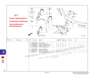 PROIBIDA A REPRODUÇÃO E DISTRIBUIÇÃO
1015451 - FARIA MOTOS LTDA. - LUIZ ALFREDO
LINHARES
© Moto Honda da Amazônia Ltda.
Todos os direitos reservados.
158
06.12.11
3
N.O.S. Item de serviço T.M.O.
Ref.
Nº
Voltar
Back
Volver
Nº da peça Descrição Nº de série Tipo
Ref.
Nº
Qtd.
XRE300 XRE300A
A B C A B C
16 53230-KWT-900 Mesa, Superior ....................................... 1 1 1 1 1 1 ................ ................ .......................................
17 90103-KB7-000 Parafuso, Flange, 8x45 .......................... 4 4 4 4 4 4 ................ ................ .......................................
18 90105-KEB-620 Parafuso, Unidirecional, 6x12 ................ 2 2 2 2 2 2 ................ ................ .......................................
19 90107-MBG-000 Parafuso, Unidirecional, 8mm ................ 2 2 2 2 2 2 ................ ................ .......................................
20 90112-KRM-860 Parafuso, Flange, 8x36 .......................... 4 4 4 4 4 4 ................ ................ .......................................
21 90304-KPS-900 Porca, Coluna Direção ........................... 1 1 1 1 1 1 ................ ................ .......................................
22 90503-KPS-900 Arruela, Coluna Direção ......................... 1 1 1 1 1 1 ................ ................ .......................................
23 91059-KY2-711 Parafuso, Fixação, 3x16 ........................ 3 3 3 3 3 3 ................ ................ .......................................
24 93911-14120 Parafuso, Fixação, 4x10 ........................ 2 2 2 2 2 2 ................ ................ .......................................
Guidão • Mesa Superior
Handle Pipe •Top Bridge
Tubo de Manubrio •
Puente Superior
C-7
 