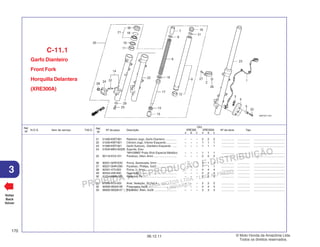 PROIBIDA A REPRODUÇÃO E DISTRIBUIÇÃO
1015451 - FARIA MOTOS LTDA. - LUIZ ALFREDO
LINHARES
© Moto Honda da Amazônia Ltda.
Todos os direitos reservados.
170
06.12.11
3
N.O.S. Item de serviço T.M.O.
Ref.
Nº
Voltar
Back
Volver
Nº da peça Descrição Nº de série Tipo
Ref.
Nº
Qtd.
XRE300 XRE300A
A B C A B C
21 51490-KWT-901 Retentor Jogo, Garfo Dianteiro .............. – – – 2 2 2 ................ ................ .......................................
22 51530-KWT-921 Cilindro Jogo, Inferior Esquerdo ............. – – – 1 1 1 ................ ................ .......................................
23 51580-KWT-921 Garfo Subconj., Dianteiro Esquerdo ...... – – – 1 1 1 ................ ................ .......................................
24 51634-MK5-003ZK Suporte, Eixo
*NH109MS*Prata Shot Especial Metálico – – – 1 1 1 ................ ................ .......................................
25 90116-KV3-701 Parafuso, Allen, 8mm ............................. – – – 2 2 2 ................ ................ .......................................
26 90201-GHR-E20 Porca, Sextavada, 5mm ........................ – – – 1 1 1 ................ ................ .......................................
27 90227-GHR-D90 Parafuso, Phillips, 5x22 ......................... – – – 1 1 1 ................ ................ .......................................
28 90301-473-003 Porca, U, 6mm ....................................... – – – 4 4 4 ................ ................ .......................................
29 90544-439-930 Guarnição .............................................. – – – 2 2 2 ................ ................ .......................................
30 91254-MM8-003 Retentor, Pó ........................................... – – – 2 2 2 ................ ................ .......................................
31 91356-KF0-003 Anel, Vedação, 33,2x2,4 ........................ – – – 2 2 2 ................ ................ .......................................
32 92900-06025-0E Prisioneiro, 6x25 .................................... – – – 4 4 4 ................ ................ .......................................
33 96600-06028-07 Parafuso, Allen, 6x28 ............................ – – – 3 3 3 ................ ................ .......................................
Garfo Dianteiro
Front Fork
Horquilla Delantera
(XRE300A)
C-11.1
 