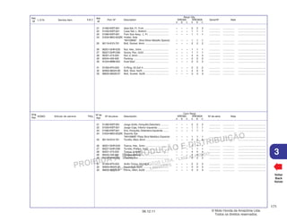 PROIBIDA A REPRODUÇÃO E DISTRIBUIÇÃO
1015451 - FARIA MOTOS LTDA. - LUIZ ALFREDO
LINHARES
© Moto Honda da Amazônia Ltda.
Todos os direitos reservados.
171
06.12.11
3
L.O.N. Service Item F.R.T.
Ref.
Nº
N.O.M.O. Artículo de servicio THLL
Nºde
Ref.
Voltar
Back
Volver
Nº de pieza Descripción Nº de série Nota
Nº de
Ref.
Cant. Reqd
XRE300 XRE300A
A B C A B C
Part. Nº Description Serial Nº Note
Ref.
Nº
Reqd. Qty.
XRE300 XRE300A
A B C A B C
21 51490-KWT-901 Seal Set, Fr. Fork ................................... – – – 2 2 2 ................ ................ .......................................
22 51530-KWT-921 Case Set, L. Bottom ............................... – – – 1 1 1 ................ ................ .......................................
23 51580-KWT-921 Fork Sub Assy., L. Fr. ............................ – – – 1 1 1 ................ ................ .......................................
24 51634-MK5-003ZK Holder, Axle
*NH109MS* . Shot Silver Metallic Special – – – 1 1 1 ................ ................ .......................................
25 90116-KV3-701 Bolt, Socket, 8mm ................................. – – – 2 2 2 ................ ................ .......................................
26 90201-GHR-E20 Nut, Hex., 5mm ...................................... – – – 1 1 1 ................ ................ .......................................
27 90227-GHR-D90 Screw, Pan, 5x22 ................................... – – – 1 1 1 ................ ................ .......................................
28 90301-473-003 Nut, U, 6mm ........................................... – – – 4 4 4 ................ ................ .......................................
29 90544-439-930 Packing .................................................. – – – 2 2 2 ................ ................ .......................................
30 91254-MM8-003 Dust Seal ............................................... – – – 2 2 2 ................ ................ .......................................
31 91356-KF0-003 O-Ring, 33.2x2.4 .................................... – – – 2 2 2 ................ ................ .......................................
32 92900-06025-0E Bolt, Stud, 6x25 ..................................... – – – 4 4 4 ................ ................ .......................................
33 96600-06028-07 Bolt, Socket, 6x28 ................................. – – – 3 3 3 ................ ................ .......................................
21 51490-KWT-901 Juego Anillo, Horquilla Delantera ........... – – – 2 2 2 ................ ................ .......................................
22 51530-KWT-921 Juego Caja, Inferior Izquierda ................ – – – 1 1 1 ................ ................ .......................................
23 51580-KWT-921 Ens. Horquilla, Delantera Izquierda ........ – – – 1 1 1 ................ ................ .......................................
24 51634-MK5-003ZK Soporte, Eje
*NH109MS* Plata Shot Metálico Especial – – – 1 1 1 ................ ................ .......................................
25 90116-KV3-701 Tornillo, Allen, 8mm ................................ – – – 2 2 2 ................ ................ .......................................
26 90201-GHR-E20 Tuerca, Hex., 5mm ................................. – – – 1 1 1 ................ ................ .......................................
27 90227-GHR-D90 Tornillo, Phillips, 5x22 ............................ – – – 1 1 1 ................ ................ .......................................
28 90301-473-003 Tuerca, U, 6mm ...................................... – – – 4 4 4 ................ ................ .......................................
29 90544-439-930 Empaquetadura ...................................... – – – 2 2 2 ................ ................ .......................................
30 91254-MM8-003 Guardapolvo ........................................... – – – 2 2 2 ................ ................ .......................................
31 91356-KF0-003 Anillo Tórico, 33,2x2,4 ........................... – – – 2 2 2 ................ ................ .......................................
32 92900-06025-0E Espárrago, 6x25 .................................... – – – 4 4 4 ................ ................ .......................................
33 96600-06028-07 Perno, Allen, 6x28 ................................. – – – 3 3 3 ................ ................ .......................................
 