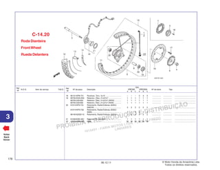 PROIBIDA A REPRODUÇÃO E DISTRIBUIÇÃO
1015451 - FARIA MOTOS LTDA. - LUIZ ALFREDO
LINHARES
© Moto Honda da Amazônia Ltda.
Todos os direitos reservados.
178
06.12.11
3
N.O.S. Item de serviço T.M.O.
Ref.
Nº
Voltar
Back
Volver
Nº da peça Descrição Nº de série Tipo
Ref.
Nº
Qtd.
XRE300 XRE300A
A B C A B C
18 90131-KPB-751 Parafuso, Torx, 5x10 ............................. – – – 3 3 3 ................ ................ .......................................
19 90755-KGA-K00 Retentor, Óleo, 21x37x7 ........................ 1 1 1 1 1 1 ................ ................ .......................................
90755-229-003 Retentor, Óleo, 21x37x7 (ARAI) ............ 1 1 1 1 1 1 ................ ................ .......................................
90755-229-005 Retentor, Óleo, 21x37x7 (NOK) ............. 1 1 1 1 1 1 ................ ................ .......................................
20 91014-KPS-731 Rolamento, Radial Esferas, 6202U
(NACHI) .................................................. 2 2 2 2 2 2 ................ ................ .......................................
91014-KPS-732 Rolamento, Radial Esferas, 6202U
(NSK) ..................................................... 2 2 2 2 2 2 ................ ................ .......................................
96140-62020-10 Rolamento, Radial Esferas, 6202U ........ 2 2 2 2 2 2 ................ ................ .......................................
21 91258-KWC-901 Retentor Pó, 40x50x5 ............................ 1 1 1 1 1 1 ................ ................ .......................................
22 42608-KRM-860 Niple ....................................................... 36 36 36 36 36 36 ................ ................ .......................................
Roda Dianteira
FrontWheel
Rueda Delantera
C-14.20
 