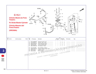 PROIBIDA A REPRODUÇÃO E DISTRIBUIÇÃO
1015451 - FARIA MOTOS LTDA. - LUIZ ALFREDO
LINHARES
© Moto Honda da Amazônia Ltda.
Todos os direitos reservados.
186
06.12.11
3
N.O.S. Item de serviço T.M.O.
Ref.
Nº
Voltar
Back
Volver
Nº da peça Descrição Nº de série Tipo
Ref.
Nº
Qtd.
XRE300 XRE300A
A B C A B C
21 90101-KRM-R80 Parafuso-arruela, 4x12 .......................... – – – 1 1 1 ................ ................ .......................................
22 90145-MS9-612 Parafuso, Óleo, 10x22 ........................... – – – 2 2 2 ................ ................ .......................................
23 90202-GHR-640 Porca, Sextavada, 8mm ........................ – – – 1 1 1 ................ ................ .......................................
24 90545-300-000 Arruela, Parafuso Óleo .......................... – – – 4 4 4 ................ ................ .......................................
25 90651-MBG-006 Anel Elástico, Pistão ............................. – – – 1 1 1 ................ ................ .......................................
26 91212-422-006 Anel, Vedação, 14,8x2,4 ........................ – – – 1 1 1 ................ ................ .......................................
27 93600-04040-1G Parafuso, Cabeça Chata, 4x40 .............. – – – 2 2 2 ................ ................ .......................................
28 94201-20120 Cupilha, 2,0x12 ...................................... – – – 1 1 1 ................ ................ .......................................
29 95015-54000 Pino D, Junção ....................................... – – – 1 1 1 ................ ................ .......................................
Cilindro Mestre do Freio
Traseiro
Rr.Brake Master Cylinder
Cilindro Maestro del
FrenoTrasero
(XRE300A)
C-15.1
 