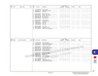 PROIBIDA A REPRODUÇÃO E DISTRIBUIÇÃO
1015451 - FARIA MOTOS LTDA. - LUIZ ALFREDO
LINHARES
© Moto Honda da Amazônia Ltda.
Todos os direitos reservados.
201
06.12.11
3
L.O.N. Service Item F.R.T.
Ref.
Nº
N.O.M.O. Artículo de servicio THLL
Nºde
Ref.
Voltar
Back
Volver
Nº de pieza Descripción Nº de série Nota
Nº de
Ref.
Cant. Reqd
XRE300 XRE300A
A B C A B C
Part. Nº Description Serial Nº Note
Ref.
Nº
Reqd. Qty.
XRE300 XRE300A
A B C A B C
18 17613-KWT-900 Tube, Breather ....................................... 1 1 1 1 1 1 ................ ................ .......................................
19 17620-KPE-731 Cap Comp., Fuel Filler ............................ 1 1 1 1 1 1 ................ ................ .......................................
20 37800-KWT-901 Fuel Unit ................................................. 1 1 1 1 1 1 ................ ................ .......................................
21 90032-GHR-650 Bolt, Flange, 6x14 .................................. 1 1 1 1 1 1 ................ ................ .......................................
22 90136-428-870 Washer, Tank Setting ............................. 1 1 1 1 1 1 ................ ................ .......................................
23 90202-GCC-C50 Nut, Cap, 6mm ....................................... 2 2 2 2 2 2 ................ ................ .......................................
24 90208-GHR-630 Nut, Flange, 6mm ................................... 4 4 4 4 4 4 ................ ................ .......................................
25 90651-GFP-900 Clip, Tube (B12)...................................... 1 1 1 1 1 1 ................ ................ .......................................
26 91305-KEH-600 O-Ring, 39.5x5 ....................................... 1 1 1 1 1 1 ................ ................ .......................................
27 95002-02130 Clip, Tube (B12.5) .................................. 1 1 1 1 1 1 ................ ................ .......................................
28 16163-GHB-610 Clip, Tube ............................................... 1 1 1 1 1 1 ................ ................ .......................................
29 17682-KWT-900 Tube, Fuel .............................................. 1 1 1 1 1 1 ................ ................ .......................................
30 17681-KWT-900 Tube, Fuel .............................................. 1 1 1 1 1 1 ................ ................ .......................................
31 90651-KRM-860 Lock, Tube ............................................. 2 2 2 2 2 2 ................ ................ .......................................
32 90661-GHB-610 Clip, Tube 12,5 mm................................. 1 1 1 1 1 1 ................ ................ .......................................
33 16711-KRE-B01 Rubber, Fuel Pump Shock ..................... – 1 1 – 1 1 ................ ................ .......................................
18 17613-KWT-900 Tubo, Respiradero .................................. 1 1 1 1 1 1 ................ ................ .......................................
19 17620-KPE-731 Tapa, Tanque Combustible ..................... 1 1 1 1 1 1 ................ ................ .......................................
20 37800-KWT-901 Unidad de Combustible .......................... 1 1 1 1 1 1 ................ ................ .......................................
21 90032-GHR-650 Perno, Reborde, 6x14 ............................ 1 1 1 1 1 1 ................ ................ .......................................
22 90136-428-870 Arandela, FijaciónTanque ...................... 1 1 1 1 1 1 ................ ................ .......................................
23 90202-GCC-C50 Tuerca, Ciega, 6mm ............................... 2 2 2 2 2 2 ................ ................ .......................................
24 90208-GHR-630 Tuerca, Reborde, 6mm ........................... 4 4 4 4 4 4 ................ ................ .......................................
25 90651-GFP-900 Presilla, Tubo (B12) ................................ 1 1 1 1 1 1 ................ ................ .......................................
26 91305-KEH-600 Anillo Tórico, 39,5x5 .............................. 1 1 1 1 1 1 ................ ................ .......................................
27 95002-02130 Presilla, Tubo (B12,5) ............................. 1 1 1 1 1 1 ................ ................ .......................................
28 16163-GHB-610 Presilla, Tubo ......................................... 1 1 1 1 1 1 ................ ................ .......................................
29 17682-KWT-900 Tubo, Combustible .................................. 1 1 1 1 1 1 ................ ................ .......................................
30 17681-KWT-900 Tubo, Combustible .................................. 1 1 1 1 1 1 ................ ................ .......................................
31 90651-KRM-860 Traba,Tubo ............................................ 2 2 2 2 2 2 ................ ................ .......................................
32 90661-GHB-610 Presilla, Tubo 12,5 mm ........................... 1 1 1 1 1 1 ................ ................ .......................................
33 16711-KRE-B01 Cojín, Bomba Combustible ..................... – 1 1 – 1 1 ................ ................ .......................................
 