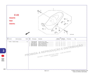 PROIBIDA A REPRODUÇÃO E DISTRIBUIÇÃO
1015451 - FARIA MOTOS LTDA. - LUIZ ALFREDO
LINHARES
© Moto Honda da Amazônia Ltda.
Todos os direitos reservados.
208
06.12.11
3
N.O.S. Item de serviço T.M.O.
Ref.
Nº
Voltar
Back
Volver
Nº da peça Descrição Nº de série Tipo
Ref.
Nº
Qtd.
XRE300 XRE300A
A B C A B C
Assento
Seat
Asiento
C-23
1 77200-KWT-900 Assento Comp., Duplo ........................... 1 1 1 1 1 1 ................ ................ .......................................
2 77205-286-000 Coxim B, Fixação Assento ..................... 4 4 4 4 4 4 ................ ................ .......................................
3 83512-KPS-730 Coxim,Tampa Lateral ............................. 5 5 5 5 5 5 ................ ................ .......................................
4 90032-GHR-660 Parafuso, Flange, 6x16 .......................... 2 2 2 2 2 2 ................ ................ .......................................
5 90312-GF0-000 Bucha,Tampa Carcaça .......................... 2 2 2 2 2 2 ................ ................ .......................................
1 4131E4 Assento: Duplo ................................. 0,1
 