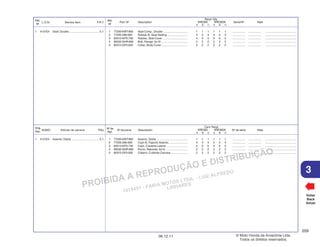 PROIBIDA A REPRODUÇÃO E DISTRIBUIÇÃO
1015451 - FARIA MOTOS LTDA. - LUIZ ALFREDO
LINHARES
© Moto Honda da Amazônia Ltda.
Todos os direitos reservados.
209
06.12.11
3
L.O.N. Service Item F.R.T.
Ref.
Nº
N.O.M.O. Artículo de servicio THLL
Nºde
Ref.
Voltar
Back
Volver
Nº de pieza Descripción Nº de série Nota
Nº de
Ref.
Cant. Reqd
XRE300 XRE300A
A B C A B C
Part. Nº Description Serial Nº Note
Ref.
Nº
Reqd. Qty.
XRE300 XRE300A
A B C A B C
1 77200-KWT-900 Seat Comp., Double ............................... 1 1 1 1 1 1 ................ ................ .......................................
2 77205-286-000 Rubber B, Seat Setting .......................... 4 4 4 4 4 4 ................ ................ .......................................
3 83512-KPS-730 Rubber, Side Cover ................................ 5 5 5 5 5 5 ................ ................ .......................................
4 90032-GHR-660 Bolt, Flange, 6x16 .................................. 2 2 2 2 2 2 ................ ................ .......................................
5 90312-GF0-000 Collar, Body Cover ................................. 2 2 2 2 2 2 ................ ................ .......................................
1 4131E4 Seat: Double ..................................... 0.1
1 77200-KWT-900 Asiento, Doble ....................................... 1 1 1 1 1 1 ................ ................ .......................................
2 77205-286-000 Cojín B, Fijación Asiento ........................ 4 4 4 4 4 4 ................ ................ .......................................
3 83512-KPS-730 Cojín, Cubierta Lateral ........................... 5 5 5 5 5 5 ................ ................ .......................................
4 90032-GHR-660 Perno, Reborde, 6x16 ............................ 2 2 2 2 2 2 ................ ................ .......................................
5 90312-GF0-000 Collarín, Cubierta Carcasa ..................... 2 2 2 2 2 2 ................ ................ .......................................
1 4131E4 Asiento: Doble .................................. 0,1
 