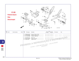 PROIBIDA A REPRODUÇÃO E DISTRIBUIÇÃO
1015451 - FARIA MOTOS LTDA. - LUIZ ALFREDO
LINHARES
© Moto Honda da Amazônia Ltda.
Todos os direitos reservados.
228
06.12.11
3
N.O.S. Item de serviço T.M.O.
Ref.
Nº
Voltar
Back
Volver
Nº da peça Descrição Nº de série Tipo
Ref.
Nº
Qtd.
XRE300 XRE300A
A B C A B C
18 90039-GHR-780 Parafuso, Flange, 12x50 ........................ 2 2 2 2 2 2 ................ ................ .......................................
19 90107-KRE-B00 Parafuso, Especial, 6x14 ....................... 2 2 2 2 2 2 ................ ................ .......................................
20 90112-KWT-900 Parafuso, Flange, 6x8 ............................ 2 2 2 2 2 2 ................ ................ .......................................
21 90127-KF0-770 Bucha, 6x4 ............................................ 2 2 2 2 2 2 ................ ................ .......................................
22 90231-GHR-640 Arruela, Lisa, 8mm ................................. 4 4 4 4 4 4 ................ ................ .......................................
23 94201-20150 Cupilha, 2,0x15 ...................................... 4 4 4 4 4 4 ................ ................ .......................................
Pedal de Apoio
Step
Descansapie
C-30
 