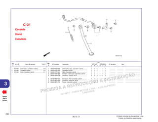PROIBIDA A REPRODUÇÃO E DISTRIBUIÇÃO
1015451 - FARIA MOTOS LTDA. - LUIZ ALFREDO
LINHARES
© Moto Honda da Amazônia Ltda.
Todos os direitos reservados.
230
06.12.11
3
N.O.S. Item de serviço T.M.O.
Ref.
Nº
Voltar
Back
Volver
Nº da peça Descrição Nº de série Tipo
Ref.
Nº
Qtd.
XRE300 XRE300A
A B C A B C
Cavalete
Stand
Caballete
C-31
1 35070-KWT-900 Interruptor Jogo, Cavalete Lateral ......... 1 1 1 1 1 1 ................ ................ .......................................
2 50530-KWT-900 Cavalete Lateral ..................................... 1 1 1 1 1 1 ................ ................ .......................................
3 50535-KPF-850 Mola, Cavalete Lateral ........................... 1 1 1 1 1 1 ................ ................ .......................................
4 50547-KPE-900 Protetor, Interruptor Cavalete Lateral .... 1 1 1 1 1 1 ................ ................ .......................................
5 90040-GHR-E30 Parafuso, Flange, 6x10 .......................... 2 2 2 2 2 2 ................ ................ .......................................
6 90108-MK6-670 Parafuso, Pivô Cavalete Lateral ............ 1 1 1 1 1 1 ................ ................ .......................................
7 90147-MCE-950 Parafuso, Especial, 6x16....................... 1 1 1 1 1 1 ................ ................ .......................................
8 90203-MF9-710 Porca, Cavalete Lateral ......................... 1 1 1 1 1 1 ................ ................ .......................................
1 615195 Interruptor, Cavalete Lateral ............. 0,9
2 410180 Cavalete Lateral ............................... 0,2
3 410182 Mola, Cavalete Lateral ...................... 0,1
 