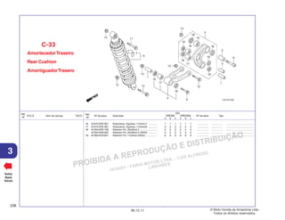 PROIBIDA A REPRODUÇÃO E DISTRIBUIÇÃO
1015451 - FARIA MOTOS LTDA. - LUIZ ALFREDO
LINHARES
© Moto Honda da Amazônia Ltda.
Todos os direitos reservados.
238
06.12.11
3
N.O.S. Item de serviço T.M.O.
Ref.
Nº
Voltar
Back
Volver
Nº da peça Descrição Nº de série Tipo
Ref.
Nº
Qtd.
XRE300 XRE300A
A B C A B C
16 91072-KPE-901 Rolamento, Agulhas, 17x24x17 ............. 1 1 1 1 1 1 ................ ................ .......................................
17 91073-KPE-901 Rolamento, Agulhas, 17x24x25 ............. 2 2 2 2 2 2 ................ ................ .......................................
18 91254-KPE-730 Retentor Pó, 20x26x4,5 ......................... 2 2 2 2 2 2 ................ ................ .......................................
91254-KS6-003 Retentor Pó, 20x26x4,5 (ARAI) ............. 2 2 2 2 2 2 ................ ................ .......................................
19 91262-KV3-831 Retentor Pó, 17x24x5 (ARAI) ................ 6 6 6 6 6 6 ................ ................ .......................................
AmortecedorTraseiro
Rear Cushion
AmortiguadorTrasero
C-33
 