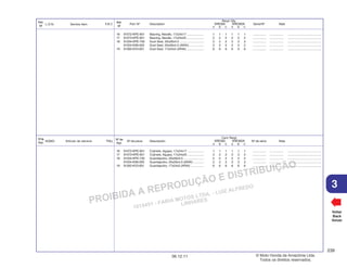 PROIBIDA A REPRODUÇÃO E DISTRIBUIÇÃO
1015451 - FARIA MOTOS LTDA. - LUIZ ALFREDO
LINHARES
© Moto Honda da Amazônia Ltda.
Todos os direitos reservados.
239
06.12.11
3
L.O.N. Service Item F.R.T.
Ref.
Nº
N.O.M.O. Artículo de servicio THLL
Nºde
Ref.
Voltar
Back
Volver
Nº de pieza Descripción Nº de série Nota
Nº de
Ref.
Cant. Reqd
XRE300 XRE300A
A B C A B C
Part. Nº Description Serial Nº Note
Ref.
Nº
Reqd. Qty.
XRE300 XRE300A
A B C A B C
16 91072-KPE-901 Bearing, Needle, 17x24x17 .................... 1 1 1 1 1 1 ................ ................ .......................................
17 91073-KPE-901 Bearing, Needle, 17x24x25 .................... 2 2 2 2 2 2 ................ ................ .......................................
18 91254-KPE-730 Dust Seal, 20x26x4.5 ............................ 2 2 2 2 2 2 ................ ................ .......................................
91254-KS6-003 Dust Seal, 20x26x4.5 (ARAI) ................. 2 2 2 2 2 2 ................ ................ .......................................
19 91262-KV3-831 Dust Seal, 17x24x5 (ARAI) .................... 6 6 6 6 6 6 ................ ................ .......................................
16 91072-KPE-901 Cojinete, Agujas, 17x24x17 ................... 1 1 1 1 1 1 ................ ................ .......................................
17 91073-KPE-901 Cojinete, Agujas, 17x24x25 ................... 2 2 2 2 2 2 ................ ................ .......................................
18 91254-KPE-730 Guardapolvo, 20x26x4,5 ........................ 2 2 2 2 2 2 ................ ................ .......................................
91254-KS6-003 Guardapolvo, 20x26x4,5 (ARAI) ............ 2 2 2 2 2 2 ................ ................ .......................................
19 91262-KV3-831 Guardapolvo, 17x24x5 (ARAI) ............... 6 6 6 6 6 6 ................ ................ .......................................
 