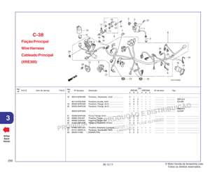 PROIBIDA A REPRODUÇÃO E DISTRIBUIÇÃO
1015451 - FARIA MOTOS LTDA. - LUIZ ALFREDO
LINHARES
© Moto Honda da Amazônia Ltda.
Todos os direitos reservados.
250
06.12.11
3
N.O.S. Item de serviço T.M.O.
Ref.
Nº
Voltar
Back
Volver
Nº da peça Descrição Nº de série Tipo
Ref.
Nº
Qtd.
XRE300 XRE300A
A B C A B C
18 90013-GHR-690 Parafuso, Sextavado, 4x22 ................... 2 – – – – – ................ ................ .......................................
– 2 2 – – – ................ ................ 3BR,4LA
90110-KSS-B30 Parafuso-arruela, 4x22 .......................... – 2 2 – – – ................ ................ 3LA,BR
19 90032-GHR-640 Parafuso, Flange, 6x12 .......................... 2 2 2 – – – ................ ................ .......................................
20 90033-GHR-E40 Parafuso, Flange, 8x12 .......................... 1 – – – – – ................ ................ .......................................
– 1 1 – – – ................ ................ 3BR,4LA
90033-GHR-640 ............................................................... – 1 1 – – – ................ ................ 3LA,BR
21 90208-GHR-630 Porca, Flange, 6mm ............................... 2 2 2 – – – ................ ................ .......................................
23 90684-ZA0-601 Presilha, Fiação ..................................... 2 2 2 – – – ................ ................ .......................................
24 90690-GHB-601 Presilha, Fiação (15) .............................. 2 2 2 – – – ................ ................ .......................................
25 91565-SEL-003 Presilha, Adaptador (Preto) ................... 2 2 2 – – – ................ ................ .......................................
26 91580-SM4-003 Presilha, Adaptador (Laranja) ................ 1 1 1 – – – ................ ................ .......................................
27 92101-06020-4J Parafuso, Sextavado, 6x20 ................... 2 2 2 – – – ................ ................ .......................................
28 98200-41000 Fusível (10A) ......................................... 5 5 5 – – – ................ ................ .......................................
Fiação Principal
Wire Harness
Cableado Principal
(XRE300)
C-38
 