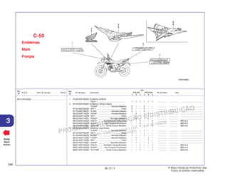 PROIBIDA A REPRODUÇÃO E DISTRIBUIÇÃO
1015451 - FARIA MOTOS LTDA. - LUIZ ALFREDO
LINHARES
© Moto Honda da Amazônia Ltda.
Todos os direitos reservados.
266
06.12.11
3
N.O.S. Item de serviço T.M.O.
Ref.
Nº
Voltar
Back
Volver
Nº da peça Descrição Nº de série Tipo
Ref.
Nº
Qtd.
XRE300 XRE300A
A B C A B C
Emblemas
Mark
Franjas
C-50
1 61320-KWT-900ZA Emblema,HONDA
*Tipo1* ................................................... 1 1 1 1 1 1 ................ ................ .......................................
2 87123-KWT-900ZA Emblema, Tampa Lateral
*Y-204P* ..................... Amarelo Metálico 2 – – 2 – – ................ ................ .......................................
87123-KWT-900ZB *NH-1* ............................................ Preto 2 – – 2 – – ................ ................ .......................................
87123-KWT-900ZC *R-206* ........................ Vermelho Maceió 2 – – 2 – – ................ ................ .......................................
86123-KWT-740ZA *Y204P* ...................... Amarelo Metálico – 2 – – 2 – ................ ................ .......................................
86123-KWT-740ZB *NH1* ............................................. Preto – 2 – – 2 – ................ ................ .......................................
86123-KWT-740ZC *R335P* ..................... Vermelho Metálico – 2 – – 2 – ................ ................ .......................................
86123-KWT-A20ZA *R301C* ......... Vermelho Candy Bromeria – – 2 – – 2 ................ ................ 3BR,4LA
86123-KWT-A20ZB *B182P* .......... Azul Cruzeiro Perolizado – – 2 – – 2 ................ ................ 3BR,4LA
86123-KWT-A20ZC *GY144M* .......... Verde Outono Metálico – – 2 – – 2 ................ ................ 3BR,4LA
3 87125-KWT-900ZA Emblema, Asa Direita
*Y-204P* ..................... Amarelo Metálico 1 – – 1 – – ................ ................ .......................................
87125-KWT-900ZB *NH-1* ............................................ Preto 1 – – 1 – – ................ ................ .......................................
87125-KWT-900ZC *R-206* ........................ Vermelho Maceió 1 – – 1 – – ................ ................ .......................................
86125-KWT-740ZA *Y204P* ...................... Amarelo Metálico – 1 – – 1 – ................ ................ .......................................
86125-KWT-740ZB *NH1* ............................................. Preto – 1 – – 1 – ................ ................ .......................................
86125-KWT-740ZC *R335P* ..................... Vermelho Metálico – 1 – – 1 – ................ ................ .......................................
86201-KWT-A20ZA *R301C* ......... Vermelho Candy Bromeria – – 1 – – 1 ................ ................ 3BR,4LA
86201-KWT-A20ZB *B182P* .......... Azul Cruzeiro Perolizado – – 1 – – 1 ................ ................ 3BR,4LA
86201-KWT-A20ZC *GY144M* .......... Verde Outono Metálico – – 1 – – 1 ................ ................ 3BR,4LA
Sem Informação ......................................................... –
 