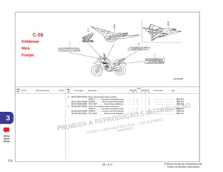 PROIBIDA A REPRODUÇÃO E DISTRIBUIÇÃO
1015451 - FARIA MOTOS LTDA. - LUIZ ALFREDO
LINHARES
© Moto Honda da Amazônia Ltda.
Todos os direitos reservados.
270
06.12.11
3
N.O.S. Item de serviço T.M.O.
Ref.
Nº
Voltar
Back
Volver
Nº da peça Descrição Nº de série Tipo
Ref.
Nº
Qtd.
XRE300 XRE300A
A B C A B C
8 86127-KWT-A20ZA Faixa, Carenagem Inferior Direita
*R301C* ......... Vermelho Candy Bromeria – – 1 – – 1 ................ ................ 3BR,4LA
86127-KWT-A20ZB *B182P* .......... Azul Cruzeiro Perolizado – – 1 – – 1 ................ ................ 3BR,4LA
86127-KWT-A20ZC *GY144M* .......... Verde Outono Metálico – – 1 – – 1 ................ ................ 3BR,4LA
9 86128-KWT-A20ZA Faixa, Carenagem Inferior Esquerda
*R301C* ......... Vermelho Candy Bromeria – – 1 – – 1 ................ ................ 3BR,4LA
86128-KWT-A20ZB *B182P* .......... Azul Cruzeiro Perolizado – – 1 – – 1 ................ ................ 3BR,4LA
86128-KWT-A20ZC *GY144M* .......... Verde Outono Metálico – – 1 – – 1 ................ ................ 3BR,4LA
Emblemas
Mark
Franjas
C-50
 