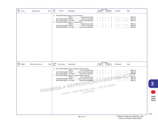 PROIBIDA A REPRODUÇÃO E DISTRIBUIÇÃO
1015451 - FARIA MOTOS LTDA. - LUIZ ALFREDO
LINHARES
© Moto Honda da Amazônia Ltda.
Todos os direitos reservados.
271
06.12.11
3
L.O.N. Service Item F.R.T.
Ref.
Nº
N.O.M.O. Artículo de servicio THLL
Nºde
Ref.
Voltar
Back
Volver
Nº de pieza Descripción Nº de série Nota
Nº de
Ref.
Cant. Reqd
XRE300 XRE300A
A B C A B C
Part. Nº Description Serial Nº Note
Ref.
Nº
Reqd. Qty.
XRE300 XRE300A
A B C A B C
8 86127-KWT-A20ZA Stripe, R. Lower Shroud
*R301C* ................. Candy Bromeria Red – – 1 – – 1 ................ ................ 3BR,4LA
86127-KWT-A20ZB *B182P* ................... Pearl Cruzeiro Blue – – 1 – – 1 ................ ................ 3BR,4LA
86127-KWT-A20ZC *GY144M* ........... Outono Green Metallic – – 1 – – 1 ................ ................ 3BR,4LA
9 86128-KWT-A20ZA Stripe, L. Lower Shroud
*R301C* ................. Candy Bromeria Red – – 1 – – 1 ................ ................ 3BR,4LA
86128-KWT-A20ZB *B182P* ................... Pearl Cruzeiro Blue – – 1 – – 1 ................ ................ 3BR,4LA
86128-KWT-A20ZC *GY144M* ........... Outono Green Metallic – – 1 – – 1 ................ ................ 3BR,4LA
8 86127-KWT-A20ZA Franja, Carenado Inferior Derecho
*R301C* ................ Rojo Candy Bromeria – – 1 – – 1 ................ ................ 3BR,4LA
86127-KWT-A20ZB *B182P* .......... Azul Cruzeiro Perolizado – – 1 – – 1 ................ ................ 3BR,4LA
86127-KWT-A20ZC *GY144M* .......... Verde Outono Metálico – – 1 – – 1 ................ ................ 3BR,4LA
9 86128-KWT-A20ZA Franja, Carenado Inferior Izquierdo
*R301C* ................ Rojo Candy Bromeria – – 1 – – 1 ................ ................ 3BR,4LA
86128-KWT-A20ZB *B182P* .......... Azul Cruzeiro Perolizado – – 1 – – 1 ................ ................ 3BR,4LA
86128-KWT-A20ZC *GY144M* .......... Verde Outono Metálico – – 1 – – 1 ................ ................ 3BR,4LA
 