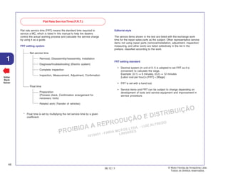 PROIBIDA A REPRODUÇÃO E DISTRIBUIÇÃO
1015451 - FARIA MOTOS LTDA. - LUIZ ALFREDO
LINHARES
© Moto Honda da Amazônia Ltda.
Todos os direitos reservados.
48
06.12.11
1
Voltar
Back
Volver
Flat Rate ServiceTime (F.R.T.)
Flat rate service time (FRT) means the standard time required to
service a MC, which is listed in this manual to help the dealers
control the actual working process and calculate the service charge
by using it as a guide.
FRT setting system
Net service time
Removal, Disassembly/reassembly, Installation
Diagnosis/troubleshooting (Electric system)
Complete inspection
Inspection, Measurement, Adjustment, Confirmation
Float time
Preparation
(Process check, Confirmation arrangement for
necessary tools)
Related work (Transfer of vehicles)
* Float time is set by multiplying the net service time by a given
coefficient.
Editorial style
The service items shown in the text are listed with the exchange work
time for the repair sales parts as the subject. Other representative service
items not using repair parts (removal/installation, adjustment, inspection/
measuring, and other work) are listed collectively in the list in the
preface, classified according to the work.
FRT setting standard
• Decimal system (in unit of 0.1) is adopted to set FRT as it is
convenient to calculate the wage.
Example: (0.1) ⇒ 6 minutes, (0.2) ⇒ 12 minutes
[Labor cost per hour] x [FRT] = [Wage]
• FRT is set with a hand tool.
• Service items and FRT can be subject to change depending on
development of tools and service equipment and improvement in
service procedure.
 