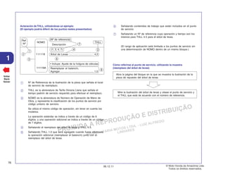 PROIBIDA A REPRODUÇÃO E DISTRIBUIÇÃO
1015451 - FARIA MOTOS LTDA. - LUIZ ALFREDO
LINHARES
© Moto Honda da Amazônia Ltda.
Todos os direitos reservados.
76
06.12.11
1
Voltar
Back
Volver
Aclaración deTHLL, utilizándose un ejemplo
(El ejemplo podría diferir de los puntos reales presentados)
Nº de Referencia de la ilustración de la pieza que señala el local
de servicio de reemplazo.
THLL es la abreviatura de Tarifa Horaria Llana que señala el
tiempo padrón de servicio requerido para efectuar el reemplazo.
NOMO es la abreviatura de Número de Operación de Mano de
Obra, y representa la clasificación de los puntos de servicio por
código unitario de servicio.
Se utiliza el mismo código de operación, sin tener en cuenta los
modelos.
La operación estándar se indica a través de un código de 6
dígitos, y una operación adicional se indica a través de un código
de 7 dígitos.
Señalando el reemplazo del árbol de levas y THLL 4.5.
Señalando THLL 1.0 que será agregado cuando fuese efectuada
la operación adicional (reemplazar el balancín) junto con el
reemplazo del árbol de levas.
Señalando contenidos de trabajo que están incluidos en el punto
de servicio.
Señalando un Nº de referencia cuya operación y tiempo son los
mismos para THLL 4.5 para el árbol de levas.
(El rango de aplicación está limitada a los puntos de servicio sin
una determinación de NOMO dentro de un mismo bloque.)
Cómo referirse al punto de servicio, utilizando la muestra
(reemplazo del árbol de levas)
1
7
6
5
4
3
2
Abra la página del bloque en la que se muestra la ilustración de la
pieza de repuesto del árbol de levas.
Mire la ilustración del árbol de levas y véase el punto de servicio y
el THLL que está de acuerdo con el número de referencia.
1
3
2
7
4 2
6
5
Ref.
Nº
NOMO
111118
111118A
Descripción
THLL
(1, 3, 4, 7)
Árbol de Levas ................................... 4,5
Reemplazar el balancín,
Agregar ............................................... 1,0
• Incluye: Ajuste de la holgura de válvulas
(Nº de referencia)
 