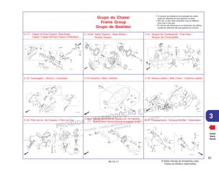 PROIBIDA A REPRODUÇÃO E DISTRIBUIÇÃO
1015451 - FARIA MOTOS LTDA. - LUIZ ALFREDO
LINHARES
© Moto Honda da Amazônia Ltda.
Todos os direitos reservados.
83
06.12.11
3
Grupo do Chassi
Frame Group
Grupo de Bastidor
• O número de referência na ilustração do índice
pode ser diferente do que aparece no texto.
• Ref. No. on the index ilustration may be different
from that in the text.
• El número de referencia en la ilustración de índices
puede ser diferente del que aparece en el texto.
Voltar
Back
Volver
C-17.1 Cáliper do FreioTraseiro / Rear Brake
Caliper / Caliper del FrenoTrasero (XRE300A)
C-19.20 Roda Traseira / Rear Wheel /
Rueda Trasera
C-21 Tanque de Combustível / Fuel Tank /
Tanque de Combustible
C-22 Carenagem / Shroud / Carenado C-23 Assento / Seat / Asiento C-24 Tampa Lateral / Side Cover / Cubierta Lateral
C-25 Filtro de Ar / Air Cleaner / Filtro de Aire
C-25.20 Válvula Solenóide de Injeção a Ar / Air Injection
SolenoidValve/VálvulaSolenoidedeInyeccióndeAire
C-27 Escapamento / Exhaust Muffler / Silenciador
 