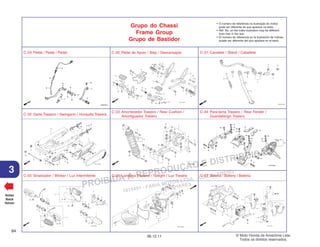 PROIBIDA A REPRODUÇÃO E DISTRIBUIÇÃO
1015451 - FARIA MOTOS LTDA. - LUIZ ALFREDO
LINHARES
© Moto Honda da Amazônia Ltda.
Todos os direitos reservados.
84
06.12.11
3
Grupo do Chassi
Frame Group
Grupo de Bastidor
• O número de referência na ilustração do índice
pode ser diferente do que aparece no texto.
• Ref. No. on the index ilustration may be different
from that in the text.
• El número de referencia en la ilustración de índices
puede ser diferente del que aparece en el texto.
Voltar
Back
Volver
C-29 Pedal / Pedal / Pedal C-30 Pedal de Apoio / Step / Descansapie C-31 Cavalete / Stand / Caballete
C-32 Garfo Traseiro / Swingarm / Horquilla Trasera
C-33 Amortecedor Traseiro / Rear Cushion /
Amortiguador Trasero
C-34 Para-lama Traseiro / Rear Fender /
Guardafango Trasero
C-35 Sinalizador / Winker / Luz Intermitente C-36 Lanterna Traseira / Taillight / Luz Trasera C-37 Bateria / Battery / Batería
 