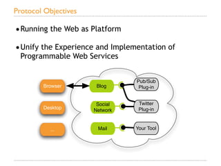 Protocol Objectives

• Running the Web as Platform
• Unify the Experience and Implementation of
  Programmable Web Services


                                 Pub/Sub
        Browser        Blog       Plug-in


                       Social     Twitter
        Desktop       Network     Plug-in



          ...          Mail      Your Tool
 