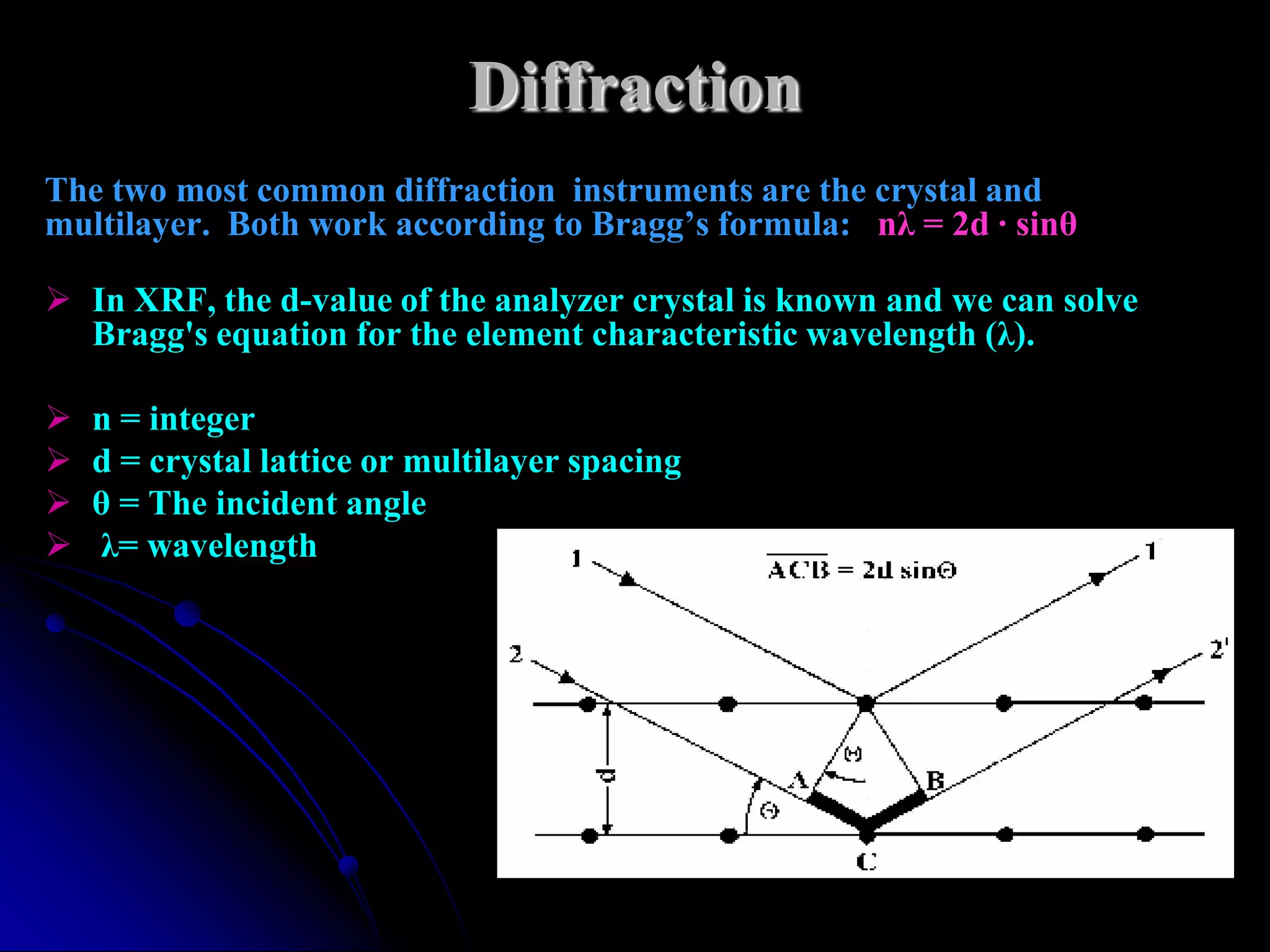 Diffraction
The two most common diffraction instruments are the crystal and
multilayer. Both work according to Bragg’s formula: nλ = 2d · sinθ

 In XRF, the d-value of the analyzer crystal is known and we can solve
  Bragg's equation for the element characteristic wavelength (λ).

   n = integer
   d = crystal lattice or multilayer spacing
   θ = The incident angle
   λ= wavelength
 